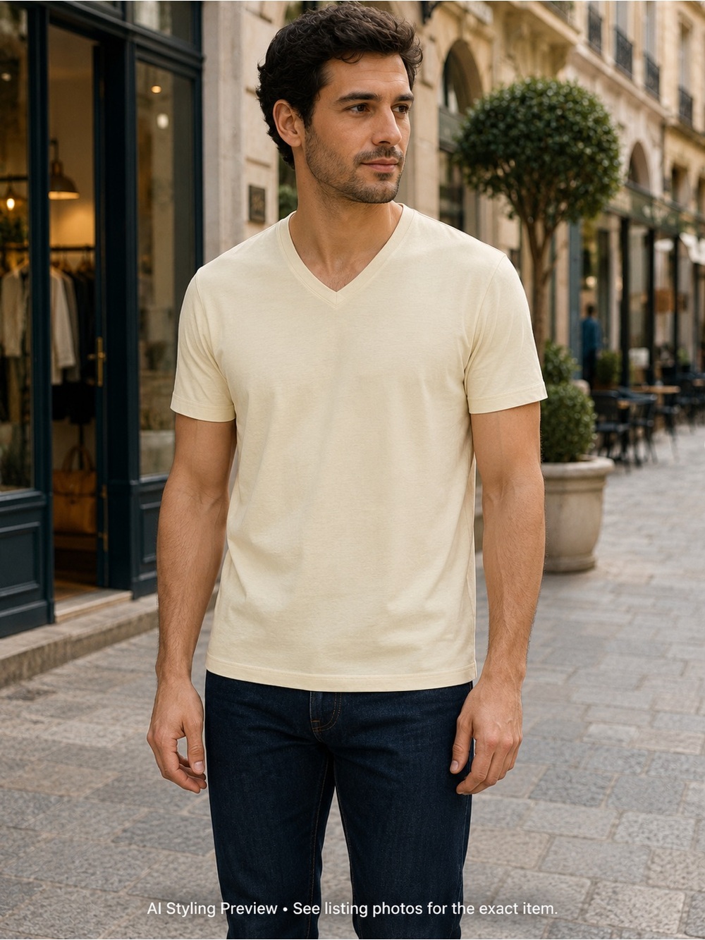 Patrick Assaraf Pima Cotton Stretch V-Neck T-Shirt Cream M